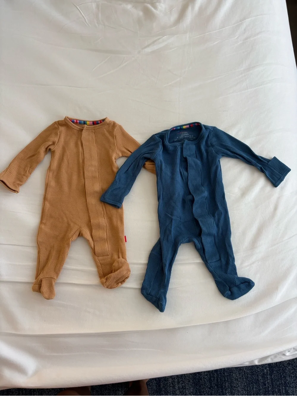 2 Magnetic Me Ribbed Footed One-Piece Rompers in Doe and Blue